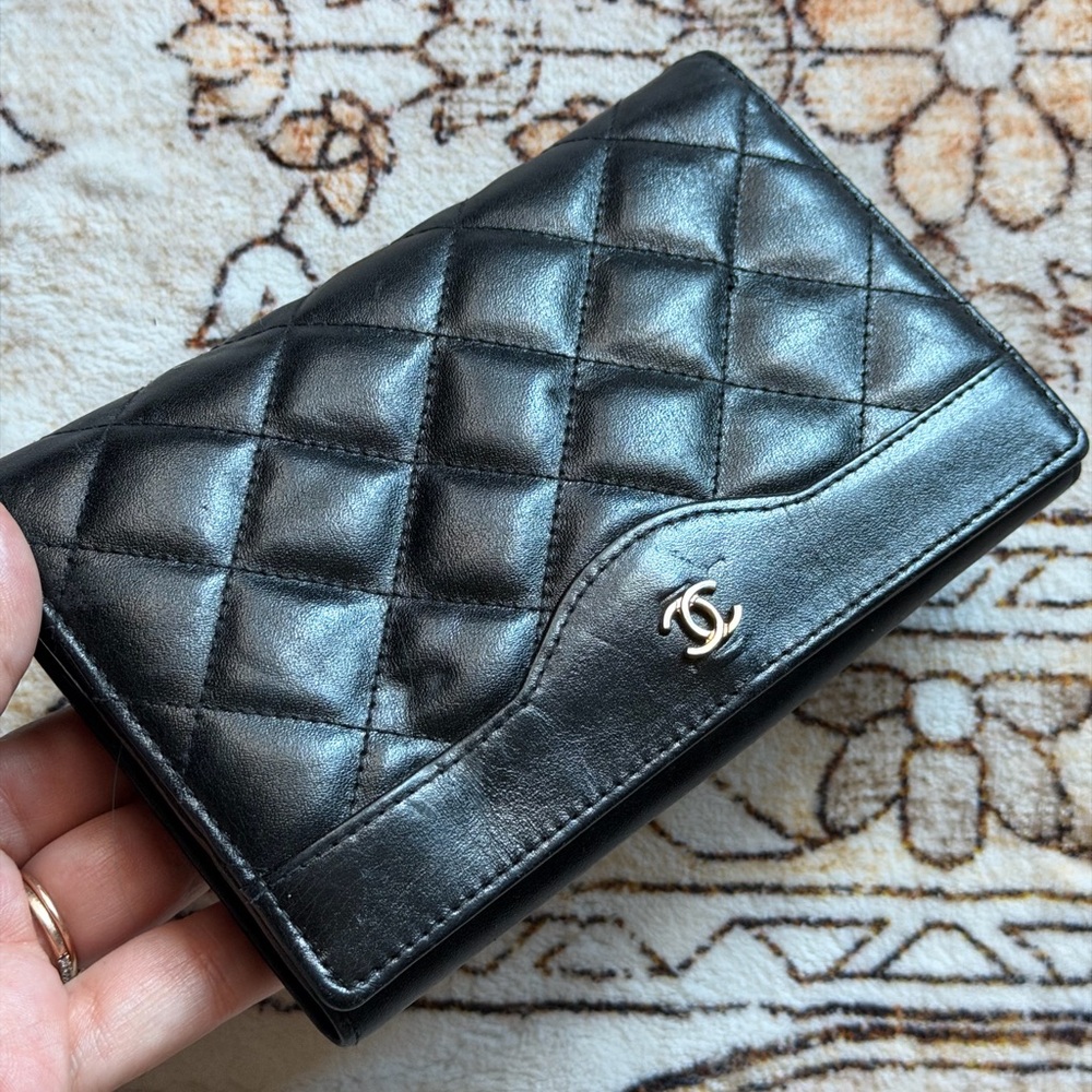 CHANEL Black Quilted Leather Flip Wallet